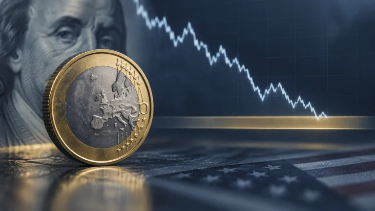 Illustrazione editoriale di una moneta euro e un grafico astratto che scende verso un’area di supporto