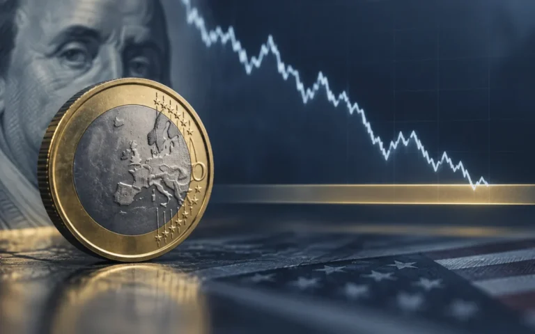 Illustrazione editoriale di una moneta euro e un grafico astratto che scende verso un’area di supporto