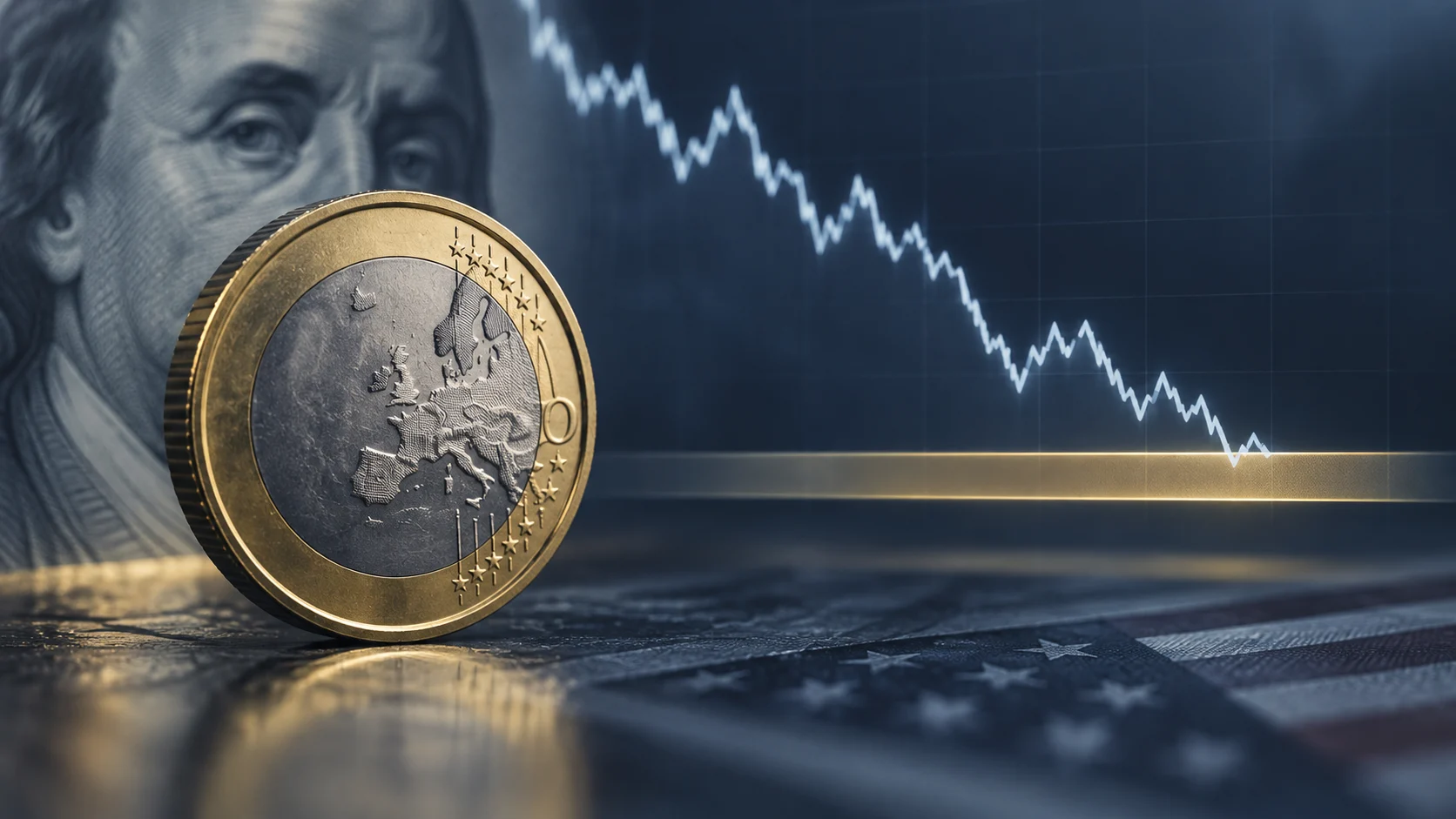 Illustrazione editoriale di una moneta euro e un grafico astratto che scende verso un’area di supporto