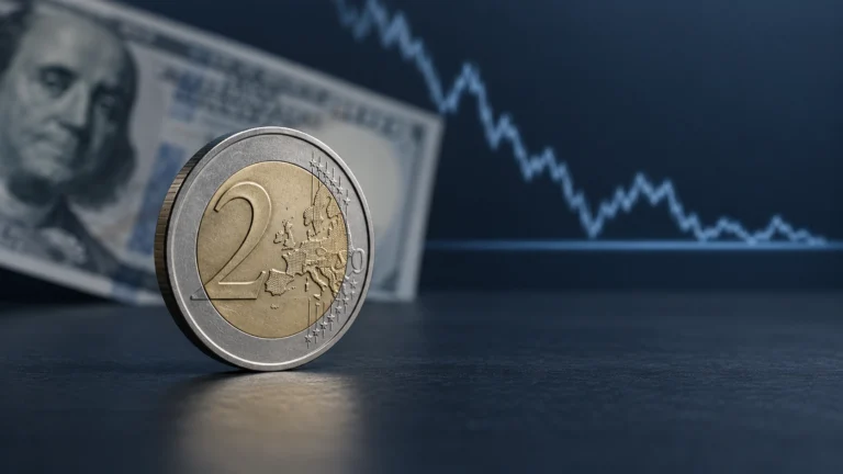 Illustrazione di una moneta da due euro davanti a una banconota in dollari, con un grafico astratto sullo sfondo.