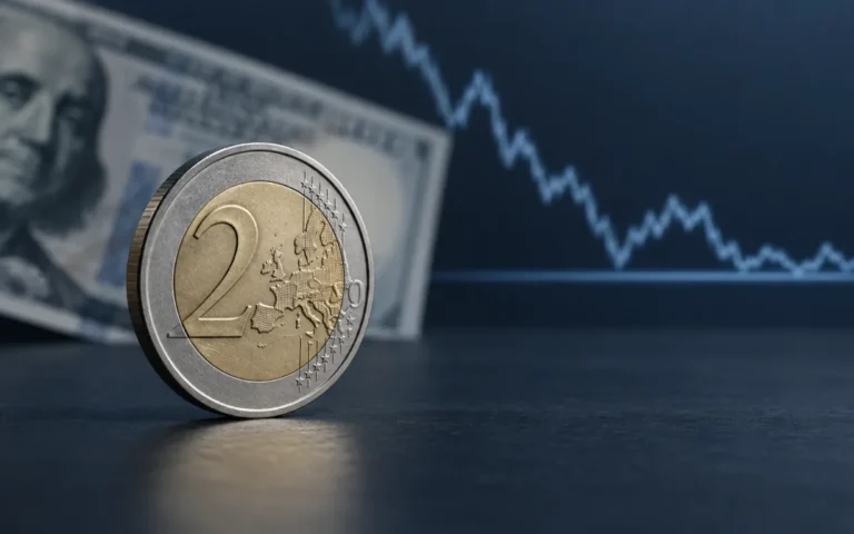Illustrazione di una moneta da due euro davanti a una banconota in dollari, con un grafico astratto sullo sfondo.