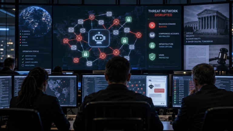 Centro operativo di cybersicurezza durante l'interruzione di una rete di frodi basata sull'intelligenza artificiale