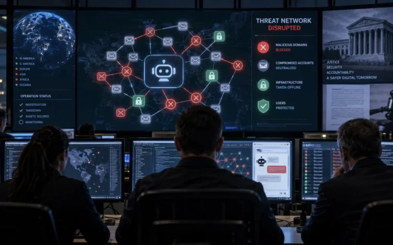 Centro operativo di cybersicurezza durante l'interruzione di una rete di frodi basata sull'intelligenza artificiale