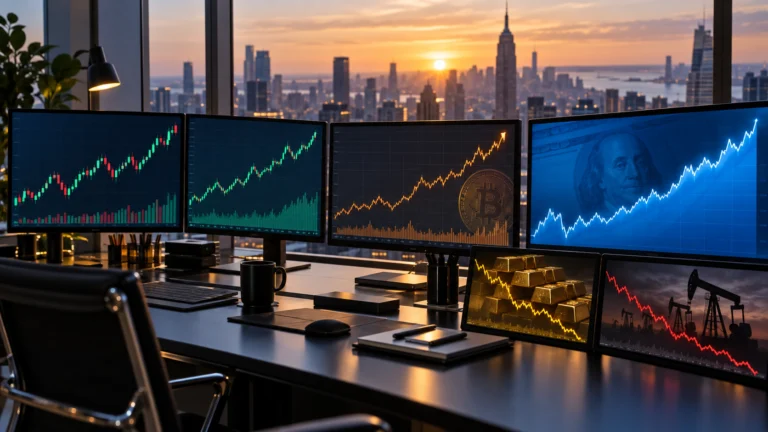 Postazione finanziaria con grafici in rialzo per azioni e criptovalute e segnali di debolezza per oro e petrolio