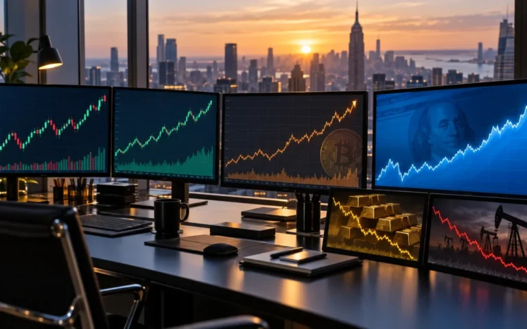 Postazione finanziaria con grafici in rialzo per azioni e criptovalute e segnali di debolezza per oro e petrolio
