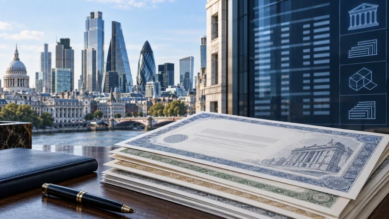 Illustrazione di documenti obbligazionari davanti al distretto finanziario di Londra