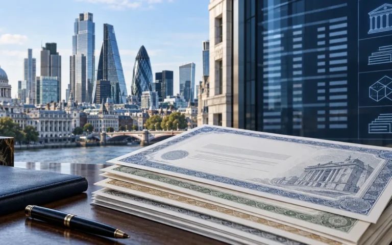 Illustrazione di documenti obbligazionari davanti al distretto finanziario di Londra