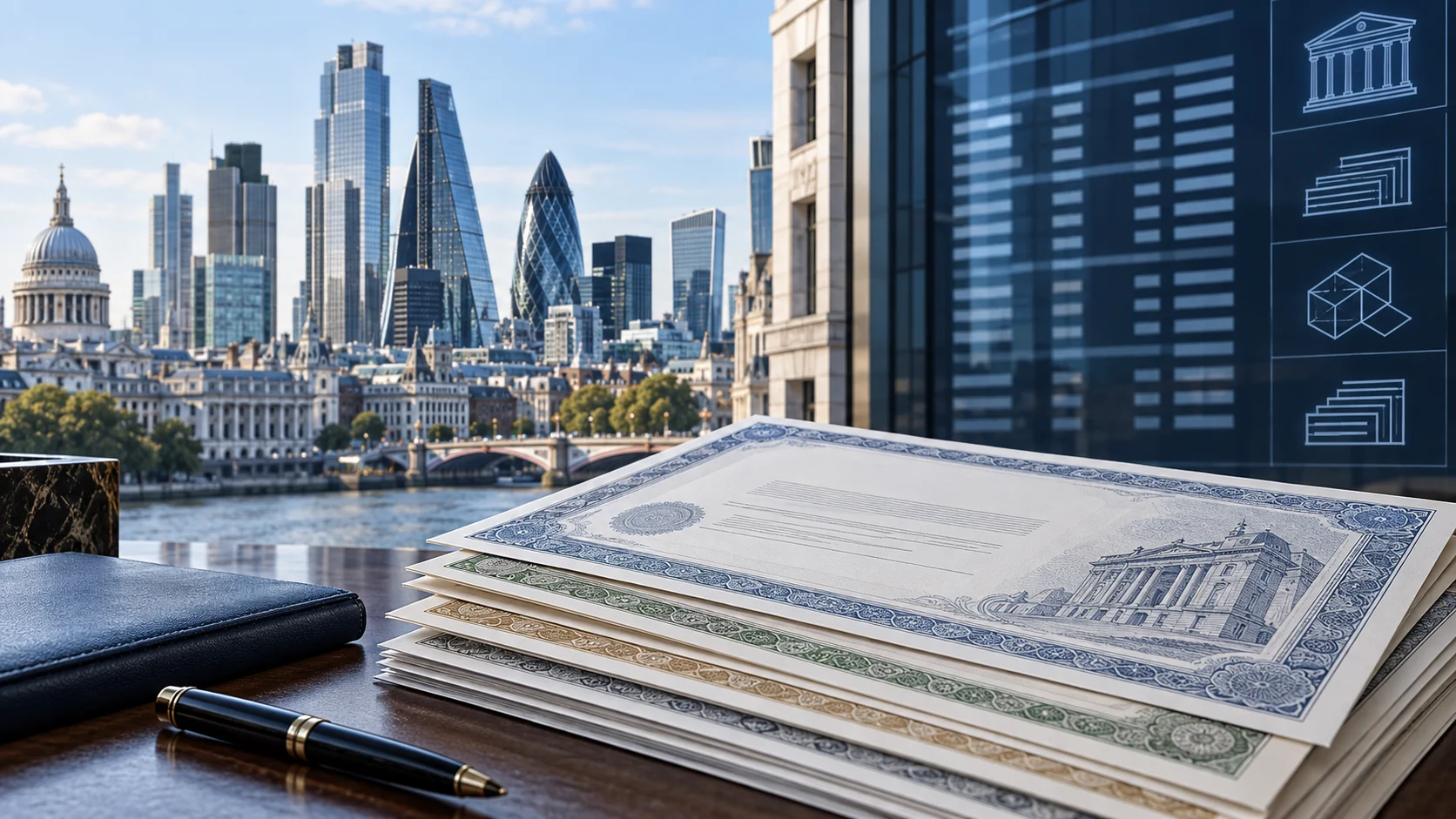 Illustrazione di documenti obbligazionari davanti al distretto finanziario di Londra