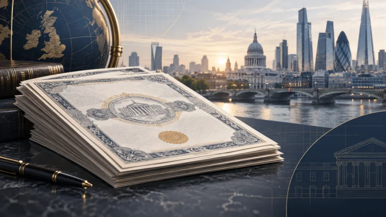 Illustrazione generata con IA di documenti obbligazionari e della City di Londra; non raffigura titoli o dati reali.