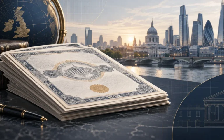 Illustrazione generata con IA di documenti obbligazionari e della City di Londra; non raffigura titoli o dati reali.