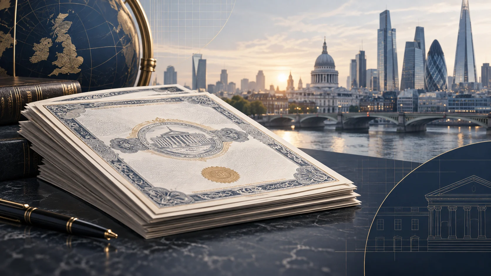 Illustrazione generata con IA di documenti obbligazionari e della City di Londra; non raffigura titoli o dati reali.