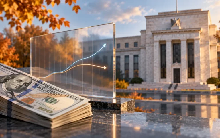 Illustrazione generata con IA di dollari e traiettorie economiche davanti a un edificio ispirato alla Federal Reserve.