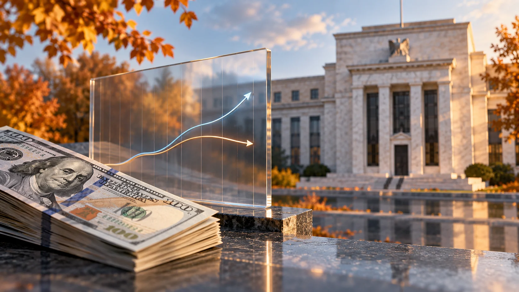 Illustrazione generata con IA di dollari e traiettorie economiche davanti a un edificio ispirato alla Federal Reserve.