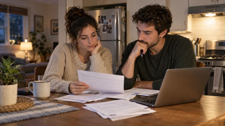 Due giovani adulti esaminano spese e documenti familiari al tavolo di casa