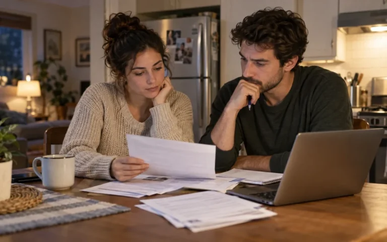 Due giovani adulti esaminano spese e documenti familiari al tavolo di casa