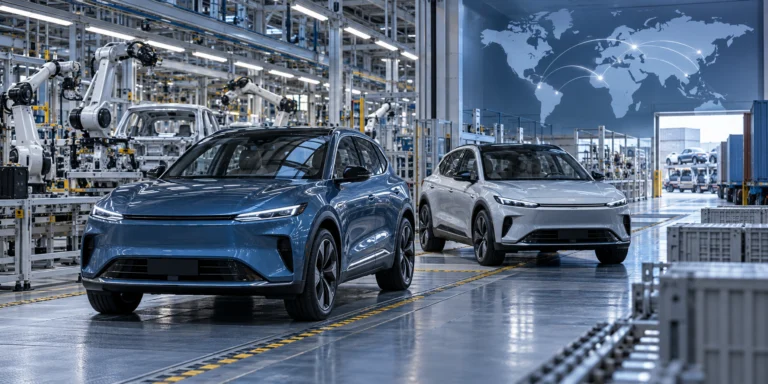Illustrazione della produzione automobilistica europea con veicoli elettrici e una fabbrica sullo sfondo
