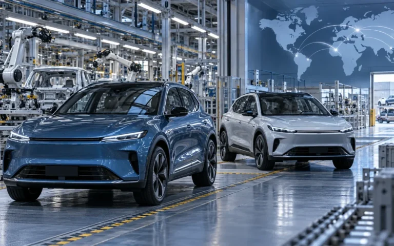 Illustrazione della produzione automobilistica europea con veicoli elettrici e una fabbrica sullo sfondo