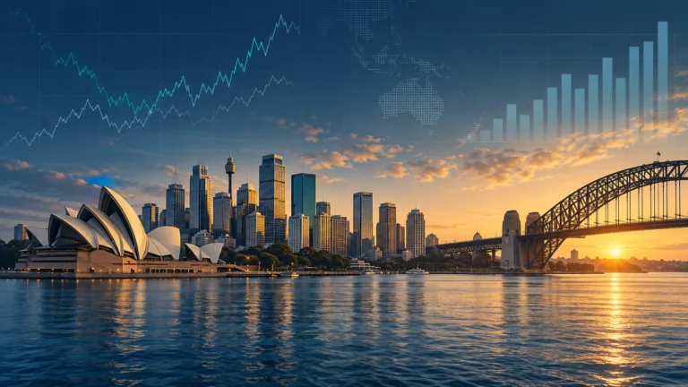 Illustrazione di Sydney all’alba con grafici astratti dei mercati valutari e dell’occupazione