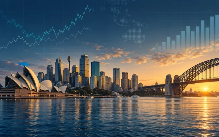 Illustrazione di Sydney all’alba con grafici astratti dei mercati valutari e dell’occupazione