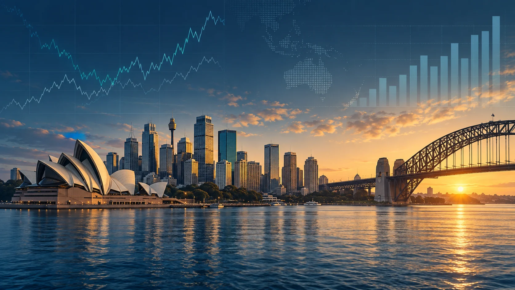 Illustrazione di Sydney all’alba con grafici astratti dei mercati valutari e dell’occupazione