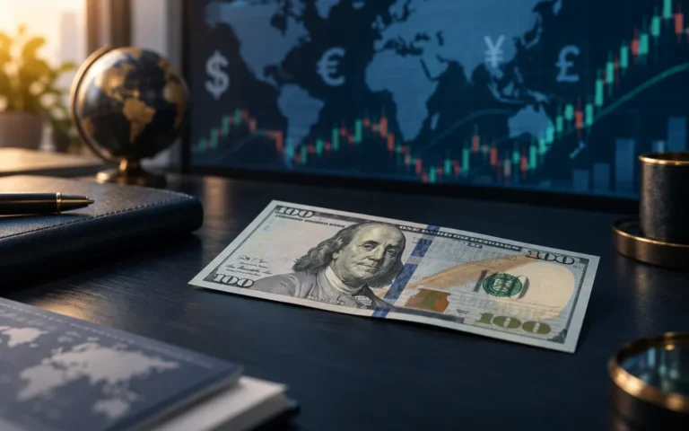 Illustrazione di una banconota da cento dollari su una scrivania, con uno schermo dedicato ai mercati valutari sullo sfondo.