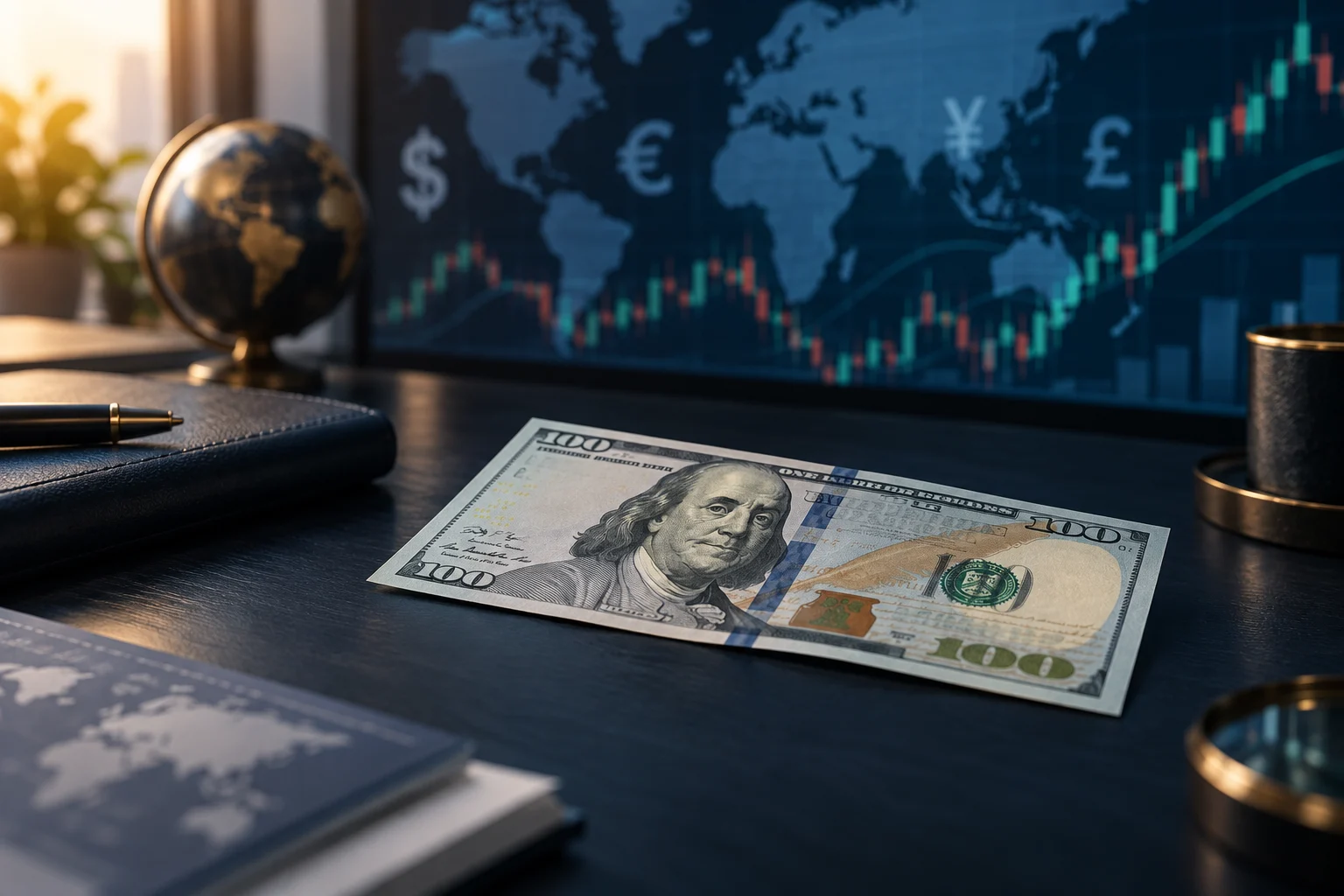 Illustrazione di una banconota da cento dollari su una scrivania, con uno schermo dedicato ai mercati valutari sullo sfondo.