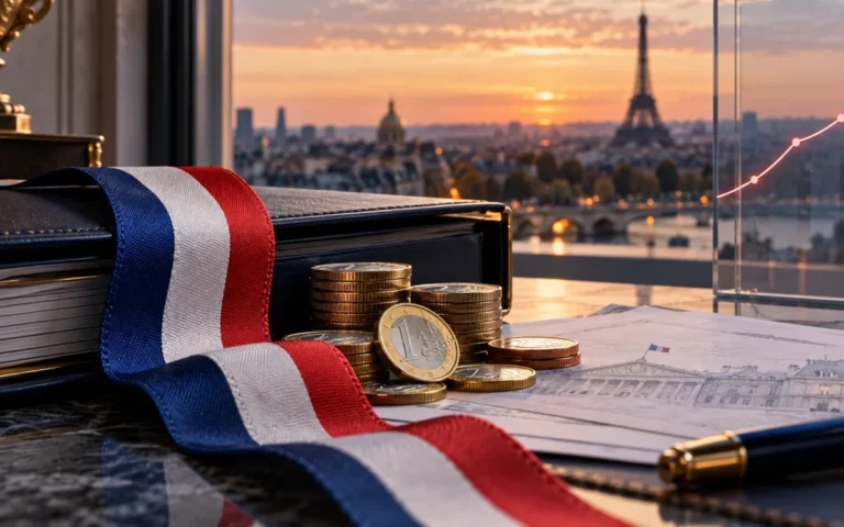 Illustrazione generata con IA sul debito francese: tricolore, monete in euro e cartella finanziaria con Parigi sullo sfondo.
