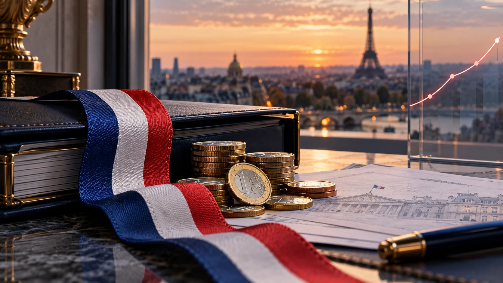 Illustrazione generata con IA sul debito francese: tricolore, monete in euro e cartella finanziaria con Parigi sullo sfondo.