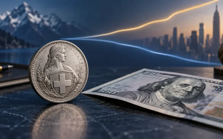 Illustrazione di una moneta che richiama il franco svizzero accanto a una banconota in dollari, con linee astratte sullo sfondo.