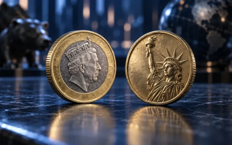 Monete della sterlina britannica e del dollaro statunitense su sfondo finanziario neutro