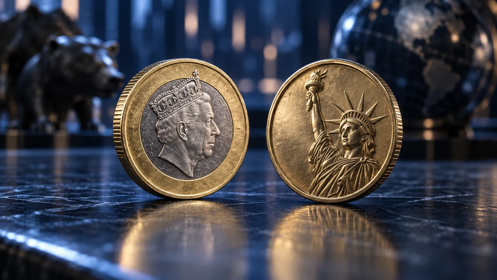 Monete della sterlina britannica e del dollaro statunitense su sfondo finanziario neutro