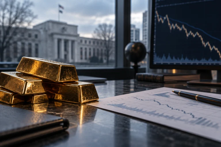 Lingotti d’oro su una scrivania con grafici di mercato e la Federal Reserve sullo sfondo