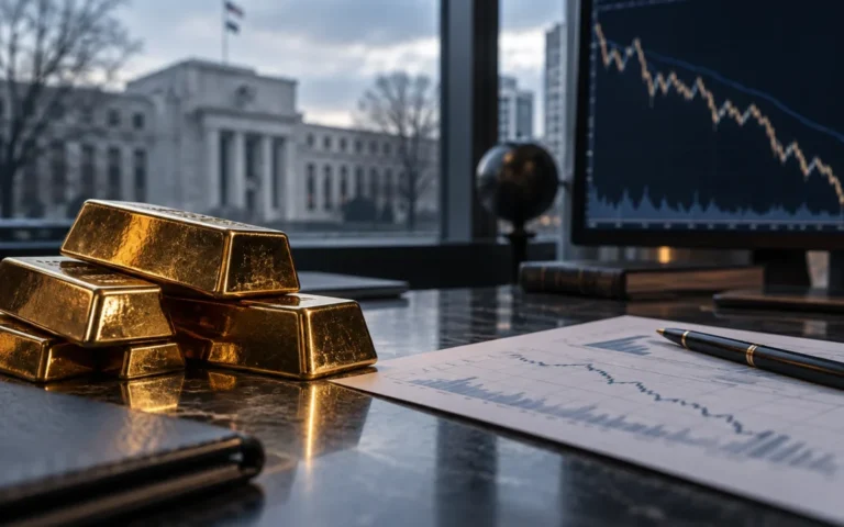 Lingotti d’oro su una scrivania con grafici di mercato e la Federal Reserve sullo sfondo
