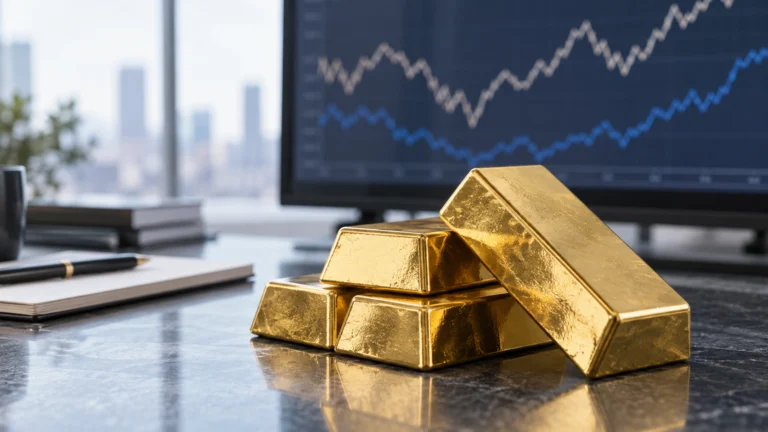 Lingotti d'oro su una scrivania finanziaria con grafici astratti sullo sfondo