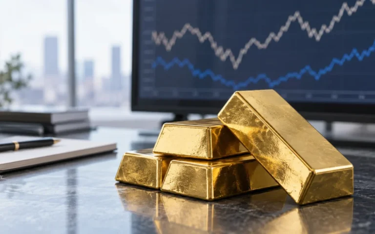 Lingotti d'oro su una scrivania finanziaria con grafici astratti sullo sfondo