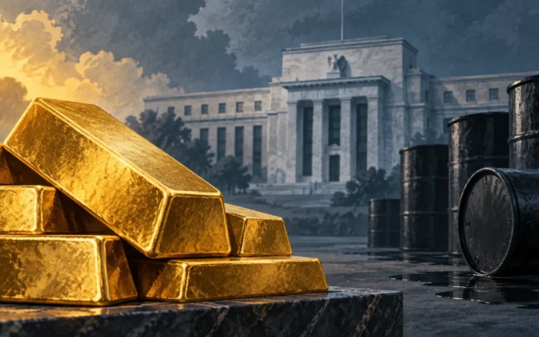 Illustrazione di lingotti d’oro, barili di petrolio e un edificio di banca centrale