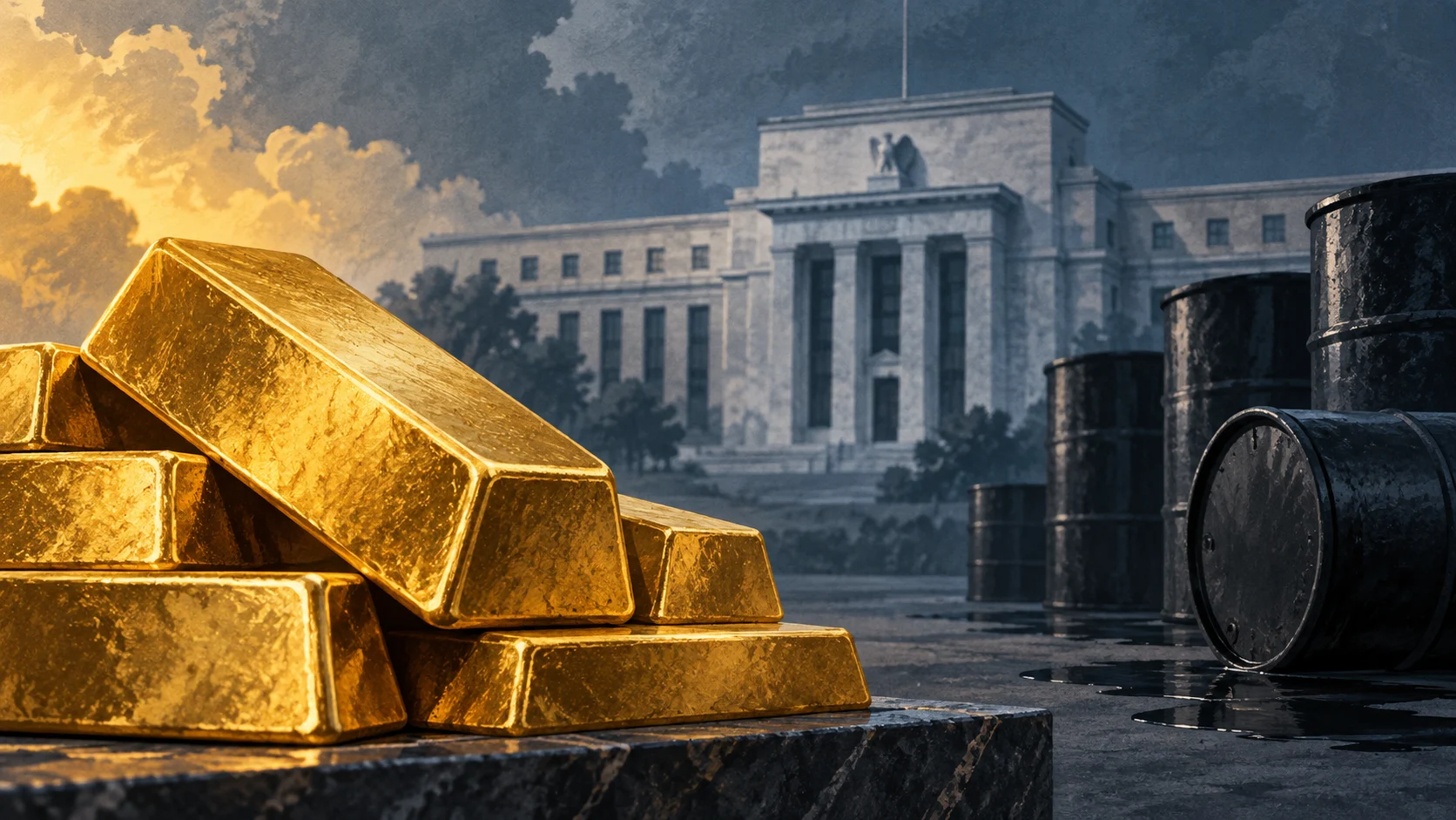 Illustrazione di lingotti d’oro, barili di petrolio e un edificio di banca centrale