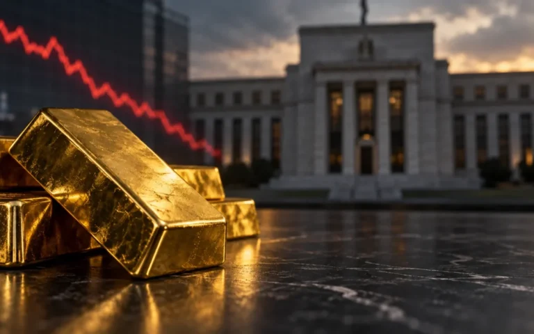Lingotti d’oro davanti a un edificio di banca centrale e a un grafico discendente