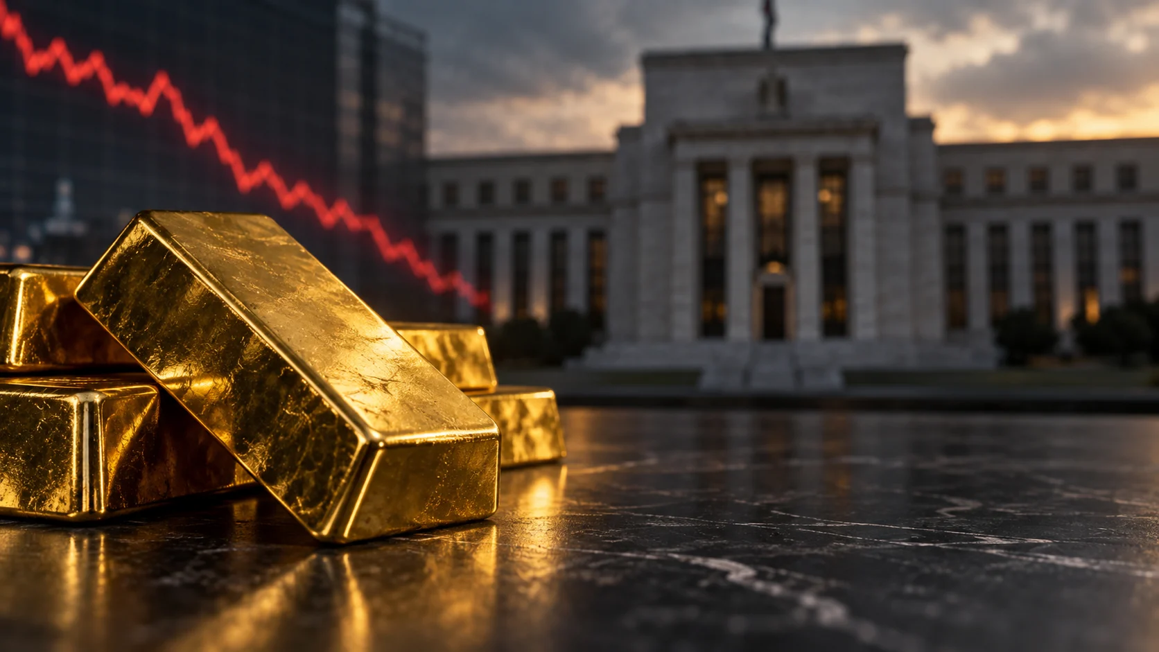 Lingotti d’oro davanti a un edificio di banca centrale e a un grafico discendente