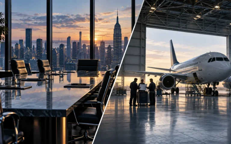 Illustrazione concettuale: una sala riunioni a New York e un aereo civile in hangar rappresentano Goldman Sachs e Boeing