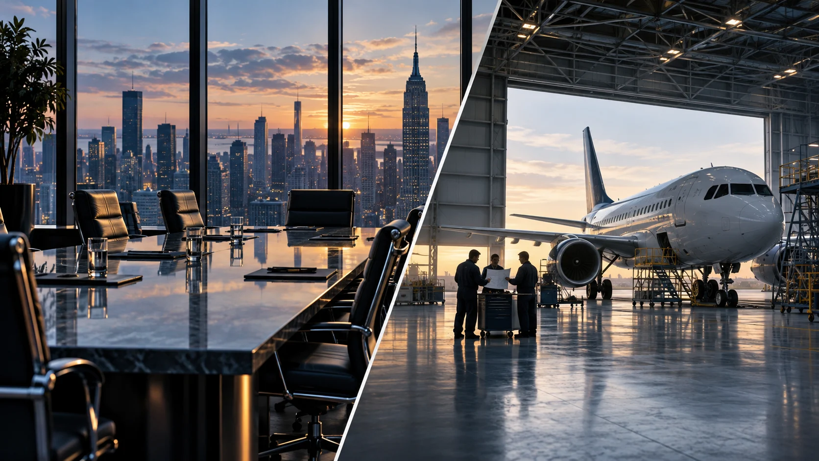 Illustrazione concettuale: una sala riunioni a New York e un aereo civile in hangar rappresentano Goldman Sachs e Boeing