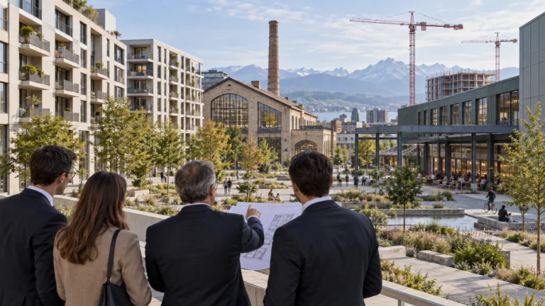 Illustrazione di un complesso immobiliare svizzero in sviluppo con persone che osservano un progetto