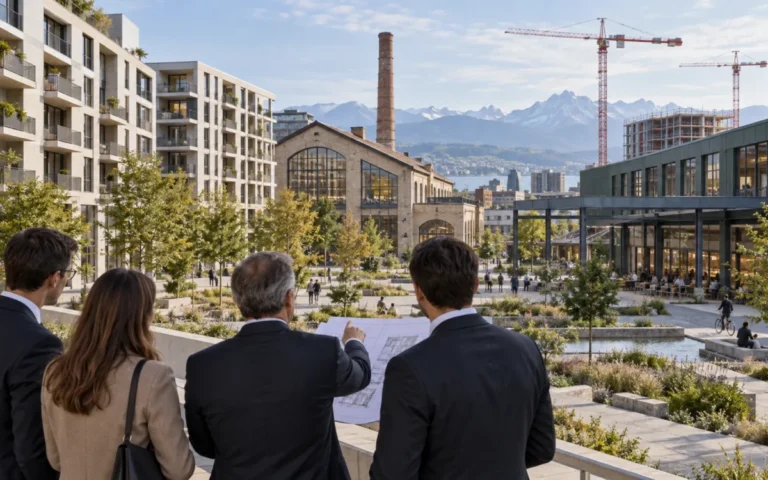 Illustrazione di un complesso immobiliare svizzero in sviluppo con persone che osservano un progetto