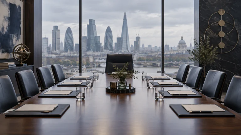 Illustrazione concettuale di una sala riunioni bancaria con lo skyline di Londra, senza persone.