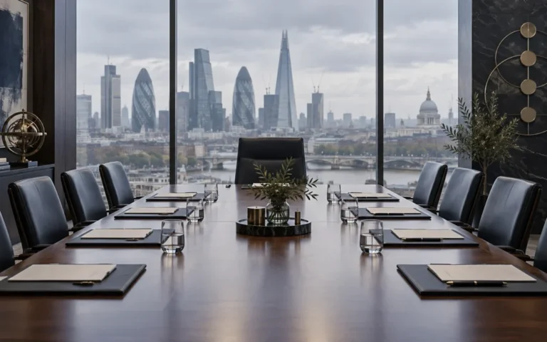 Illustrazione concettuale di una sala riunioni bancaria con lo skyline di Londra, senza persone.