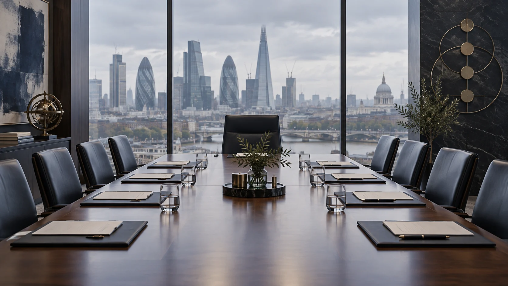 Illustrazione concettuale di una sala riunioni bancaria con lo skyline di Londra, senza persone.