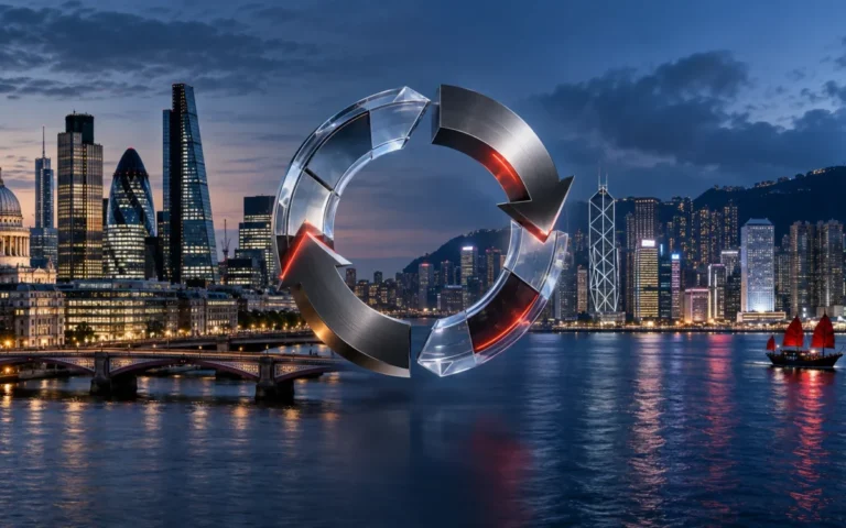 Edifici finanziari di Londra e Hong Kong con simbolo astratto di riacquisto azionario