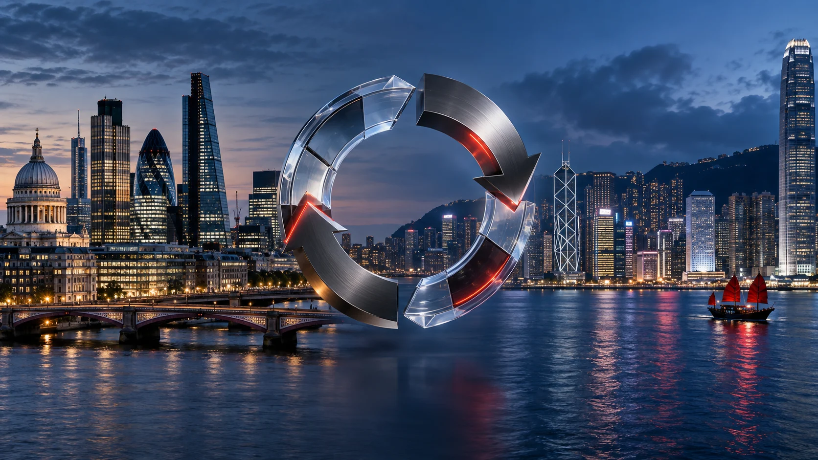 Edifici finanziari di Londra e Hong Kong con simbolo astratto di riacquisto azionario