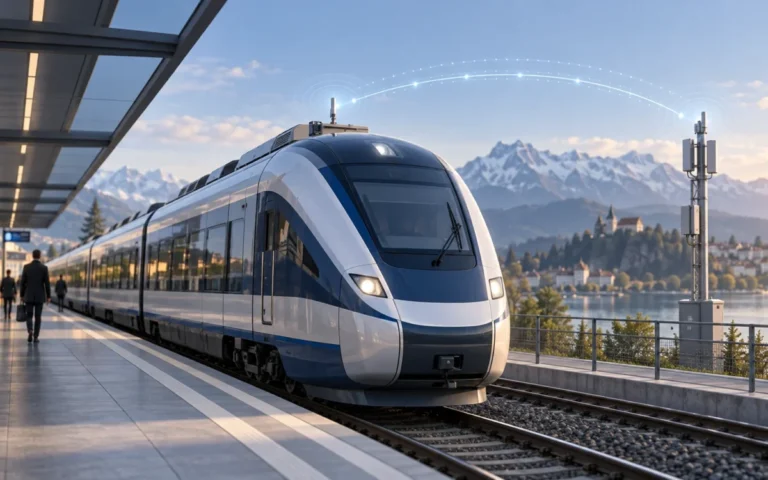 Illustrazione di un treno passeggeri con antenne e collegamenti digitali verso un impianto di comunicazione a terra.