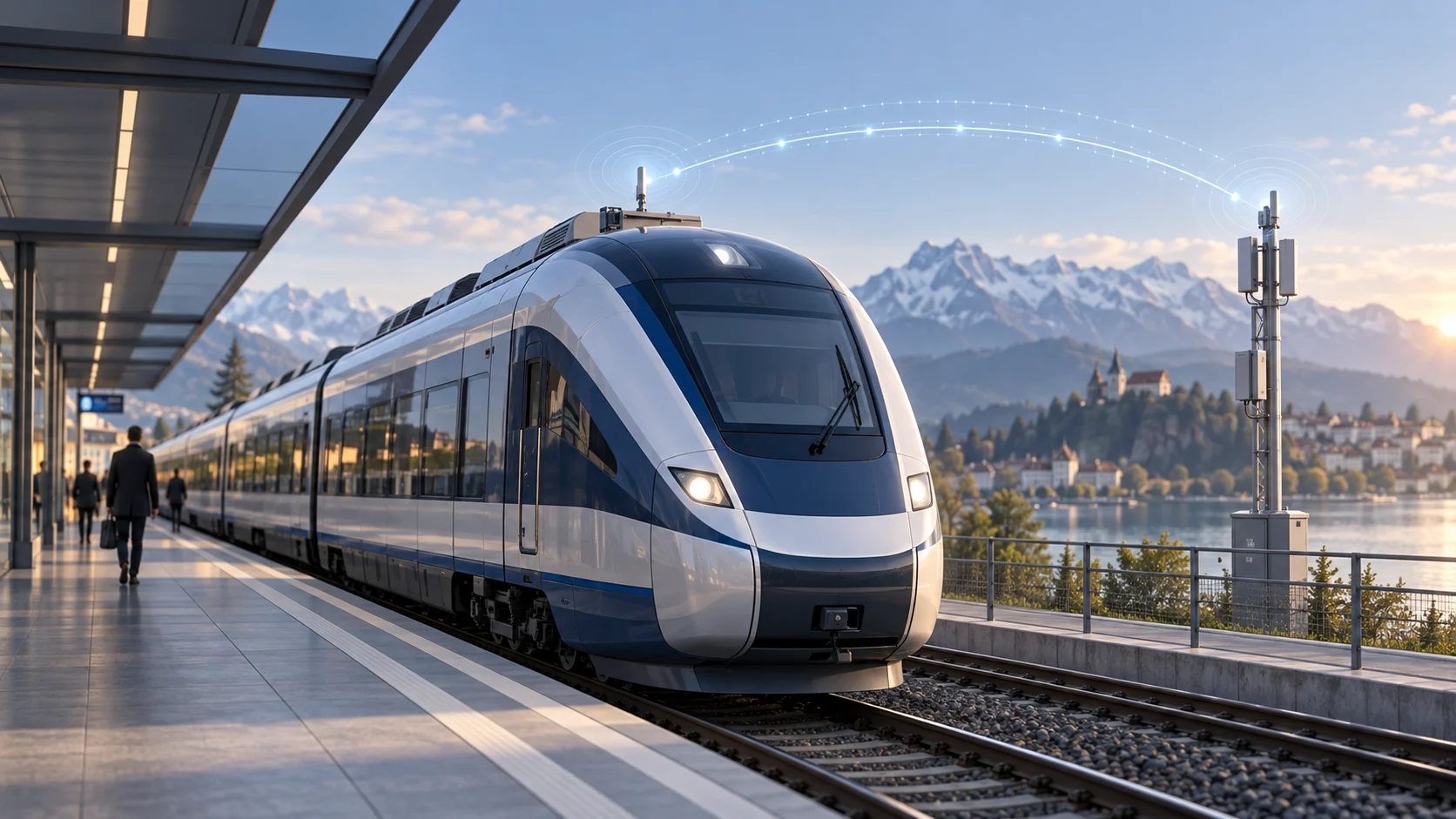 Illustrazione di un treno passeggeri con antenne e collegamenti digitali verso un impianto di comunicazione a terra.